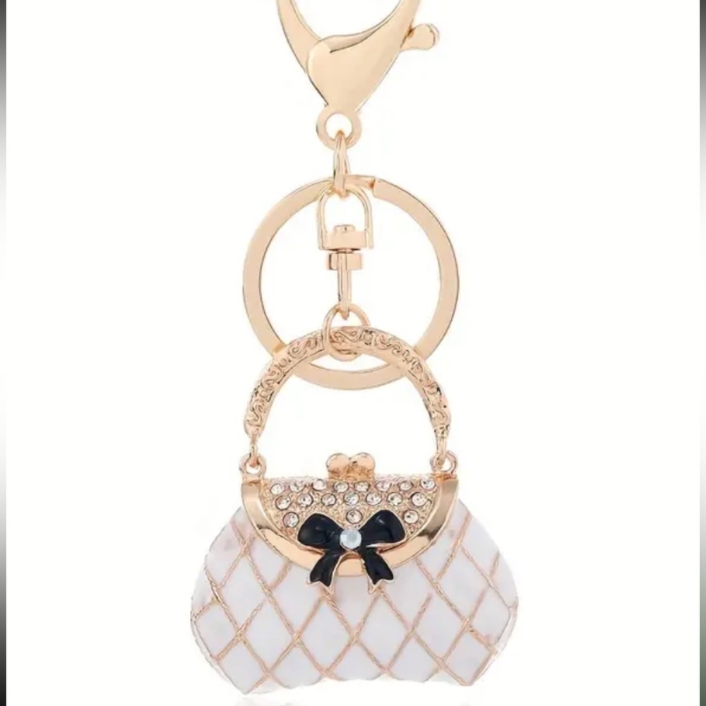 Purse Charm Keychain Gold White Handbag Bag Charm Lobster Clasp